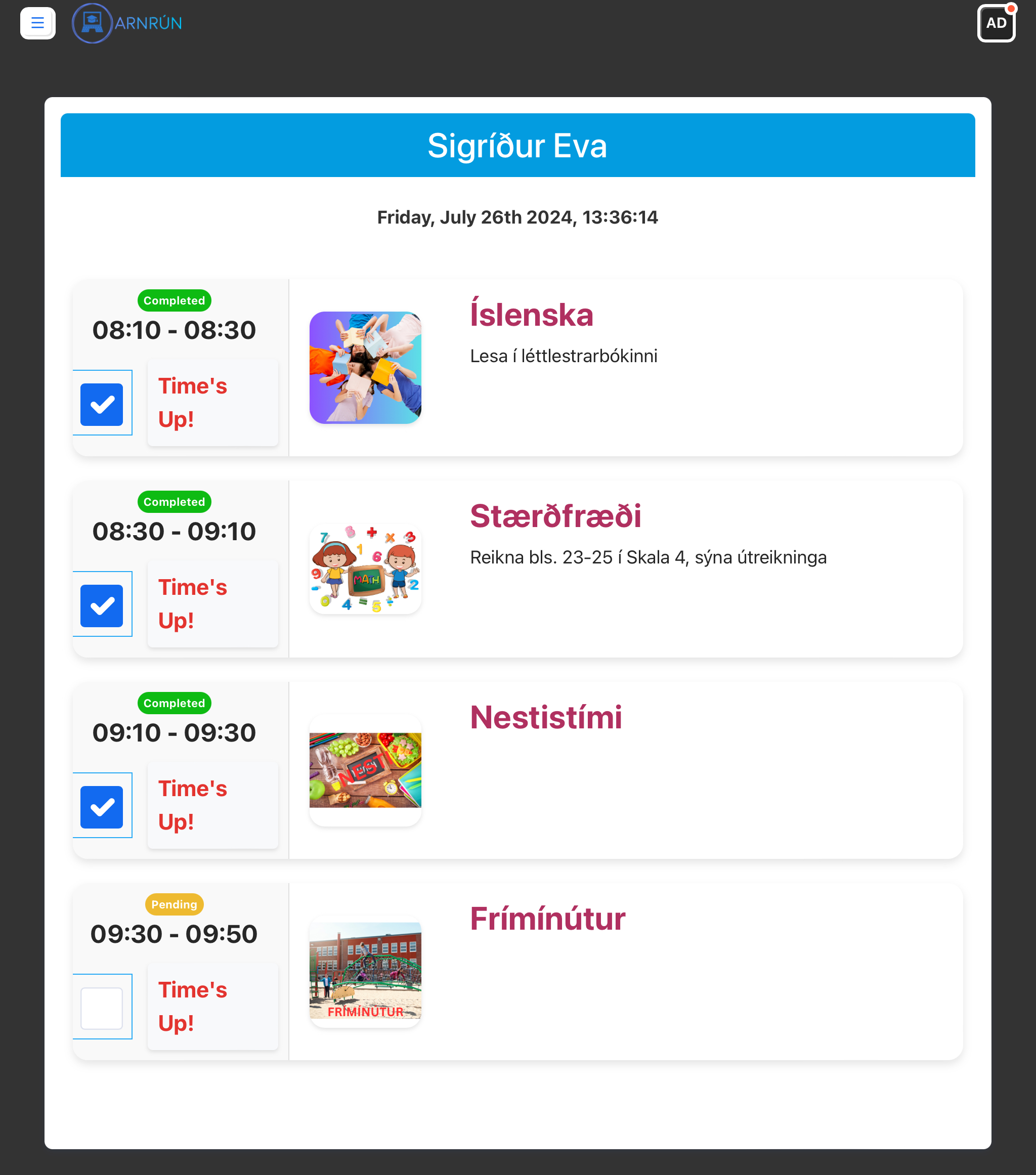 Arnrún nemendaviðmót á iPad — dagsins stundaskrá með myndum og niðurteljara