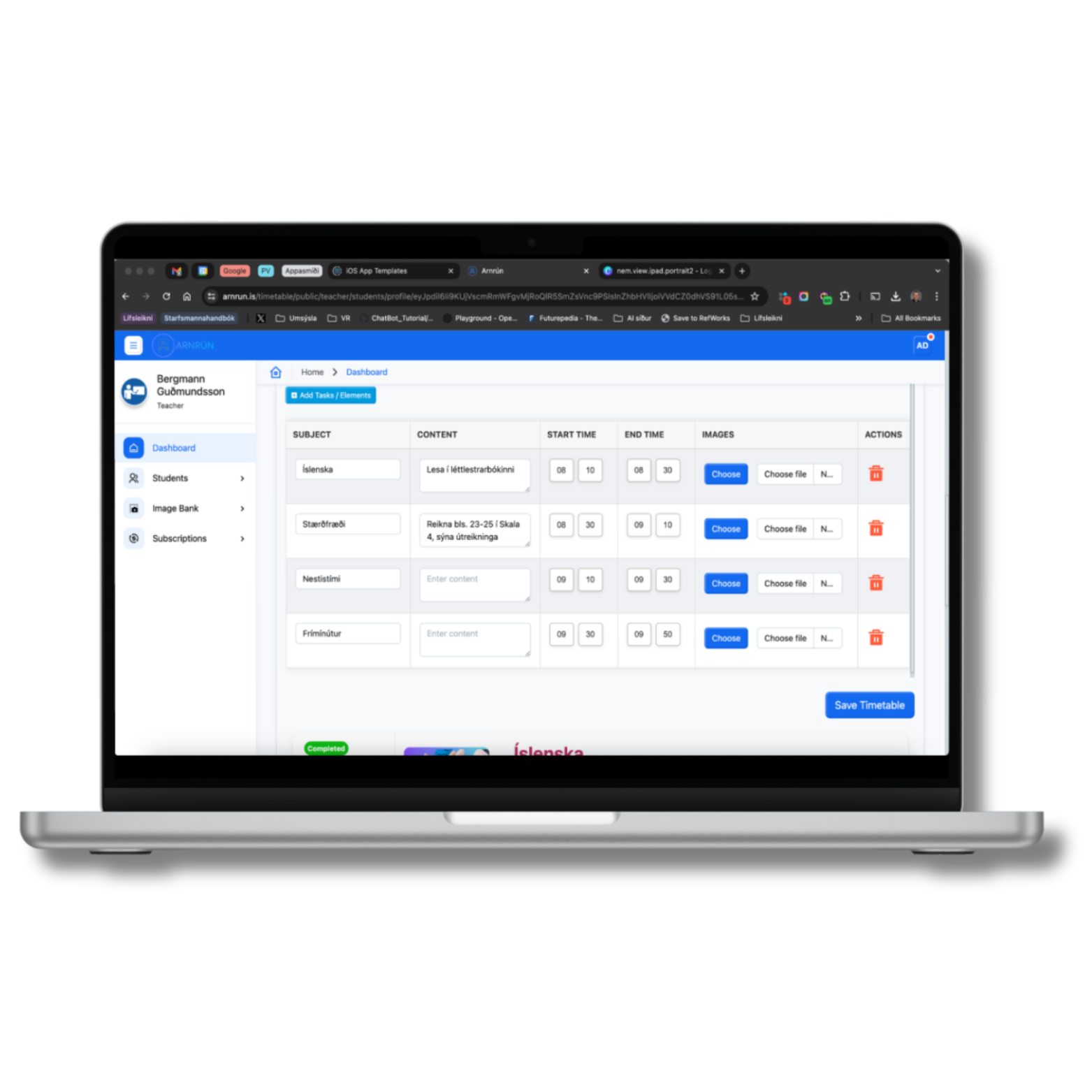Stjórnborð kennara í Arnrún — skipulag vikunnar fyrir nemanda