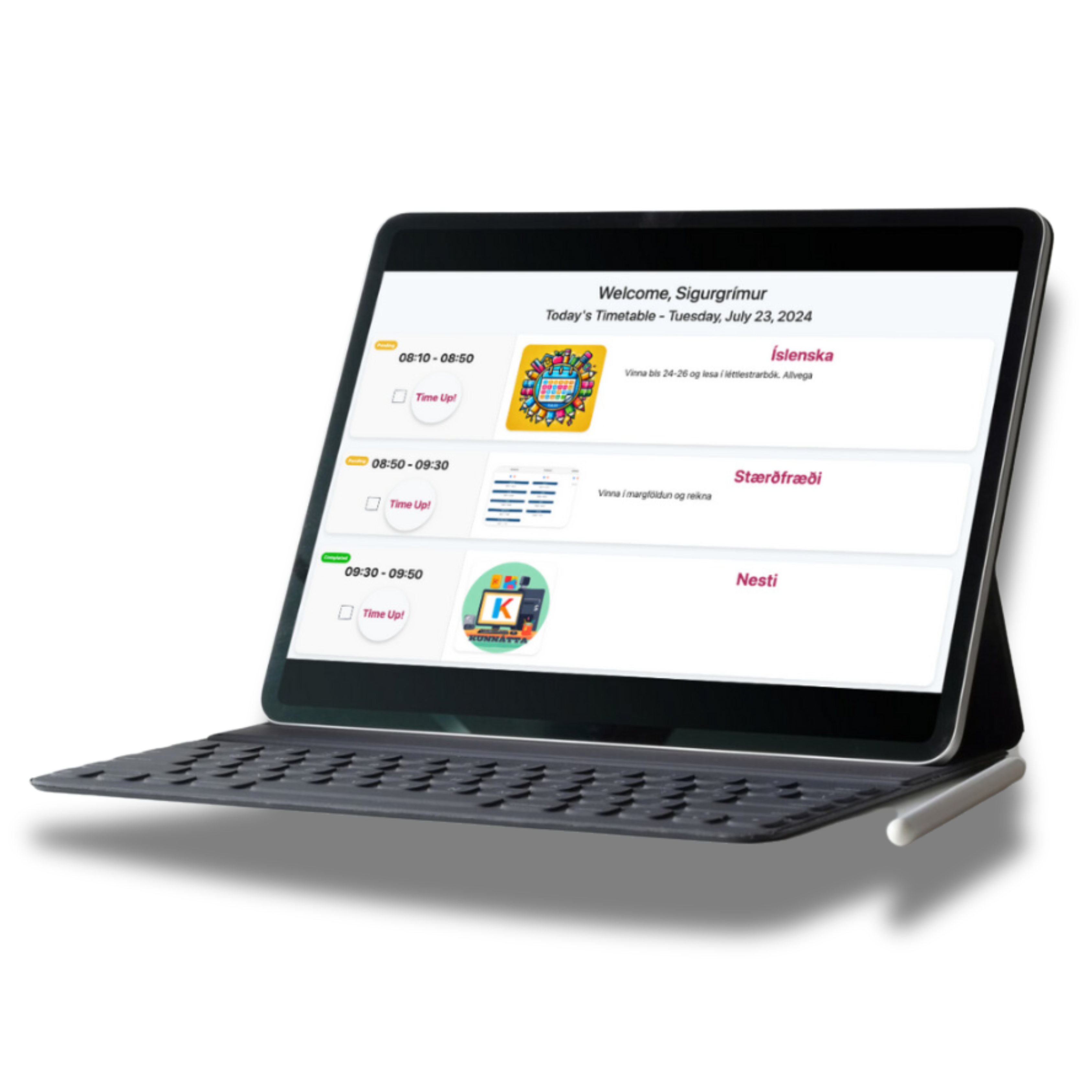 Arnrún á iPad með lyklaborði — dagsskrá nemanda